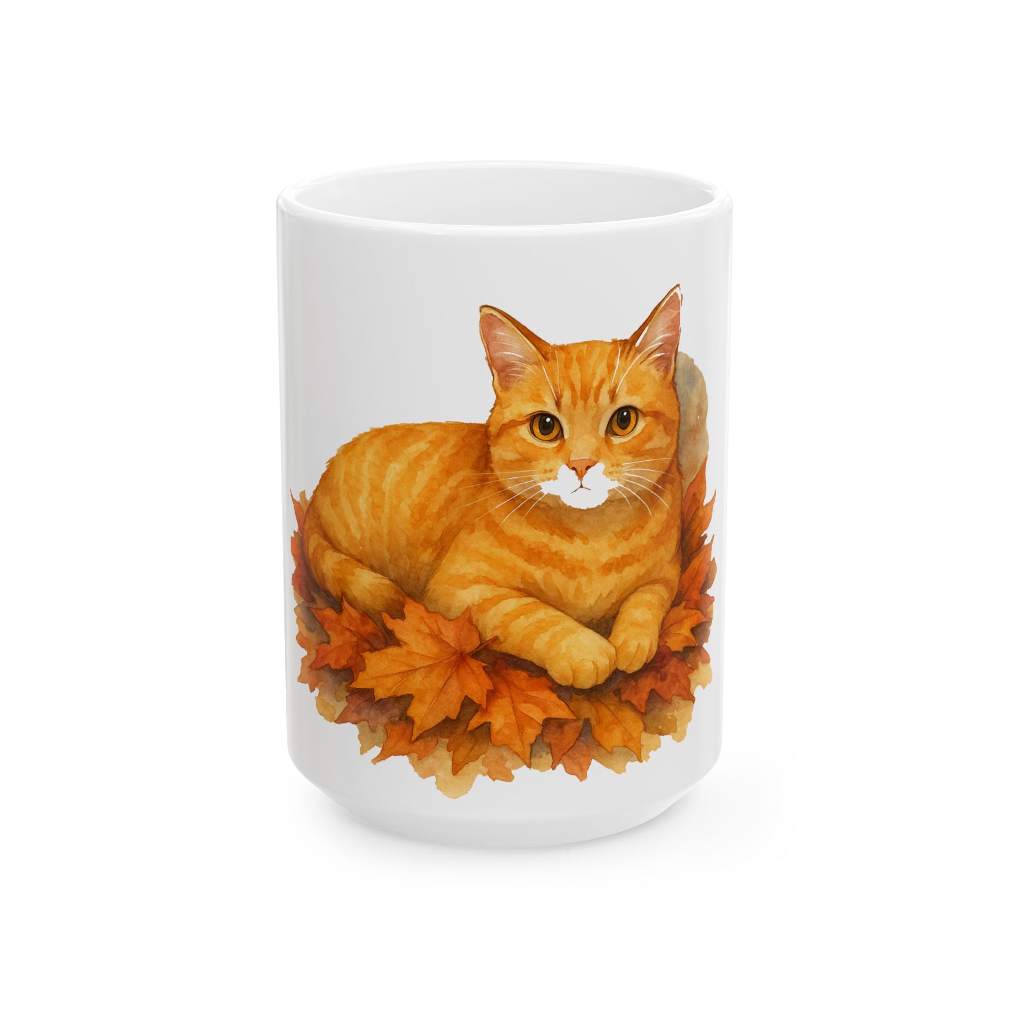 Autumn Cat Ceramic Mug - Adorable Orange Tabby Design, Cute Gift for Cat Lovers, Cozy Fall Coffee Cup, 11oz & 15oz Options